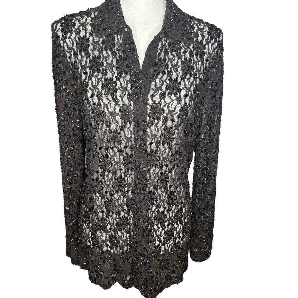 Chico's Black Beaded Lace Art-to-Wear Shirt Jacket Lux Holidays Amazing Sz 1 Med